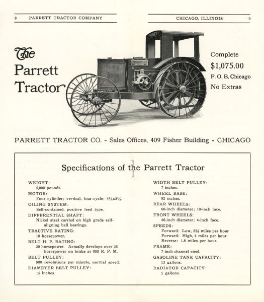 Inside spread of a pamphlet advertising the Parrett tractor, featuring an illustration of the tractor along with a listing of its specifications.
