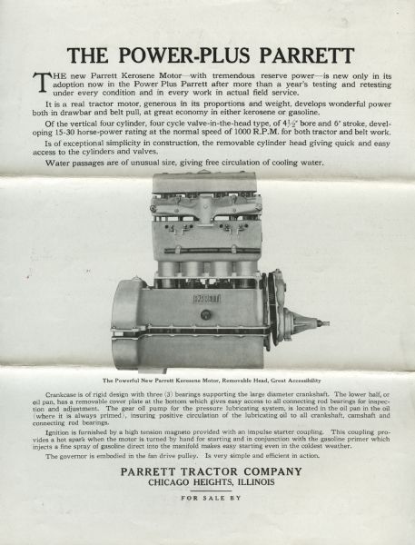 Advertisement for Parrett agricultural machinery, featuring the "power-plus" Parrett kerosene motor. An illustration of the motor is surrounded by text detailing its specifications.