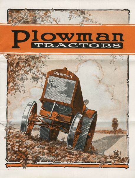 Front cover of a pamphlet advertising Plowman tractors featuring a color illustration of a man driving a tractor up a hill in a rural landscape.