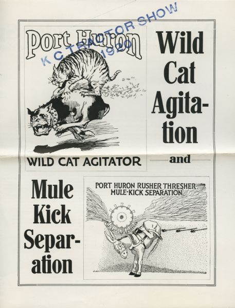 Front cover of a pamphlet advertising the Port Huron Wild Cat agitator and the Port Huron "rusher-thresher." The page features illustrations of a wild cat attacking a dog in the top left corner, and below in the center a kicking mule.