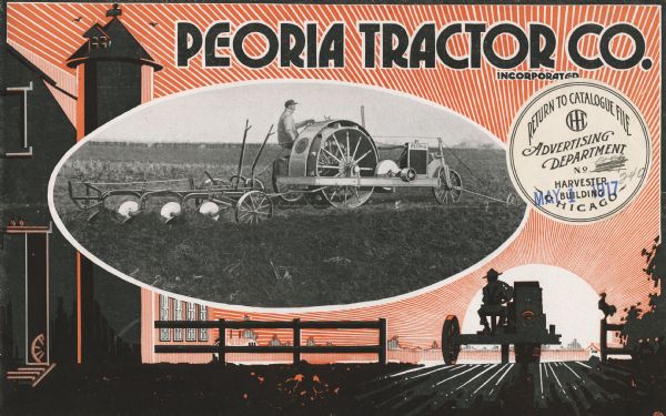 Front cover of an advertisement for the Peoria Tractor Company featuring the silhouettes of a barn and a farmer on a tractor against a setting sun and an inset illustration of a man plowing a field using a Peoria tractor.