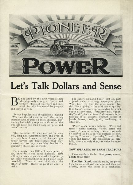 Front cover of a pamphlet advertising Pioneer Power agricultural machinery featuring an illustration of a tractor and the headline: "Let's Talk Dollars and Sense."