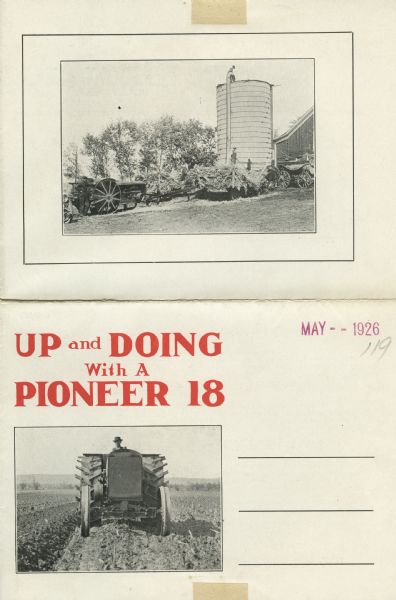 Pamphlet advertising the Pioneer 18-36 tractor featuring two photographs of the tractor in use on a farm along with the text: "Up and Doing With a Pioneer 18."