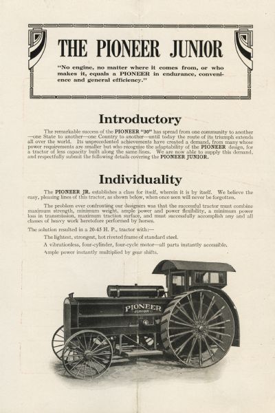 Advertisement for the Pioneer Junior tractor, featuring an illustration of the machine along with a description of its features. The text beneath the headline reads: "No engine, no matter where it comes from, or who makes it, equals a PIONEER in endurance, convenience and general efficiency."