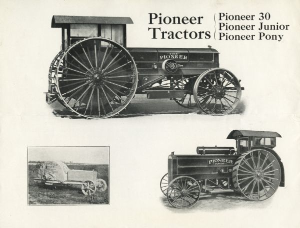 Advertisement for Pioneer 30, Pioneer Junior, and Pioneer Pony tractors, featuring an illustration of the 30 and Junior and a photograph of the Pony in a field.