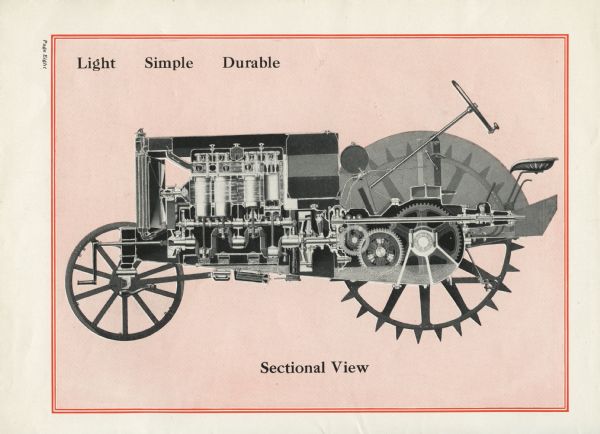 Cut-away sectional view of the Massey-Harris Wallis tractor as seen from the left side. The text at the top of the illustration reads: "Light, Simple, Durable."