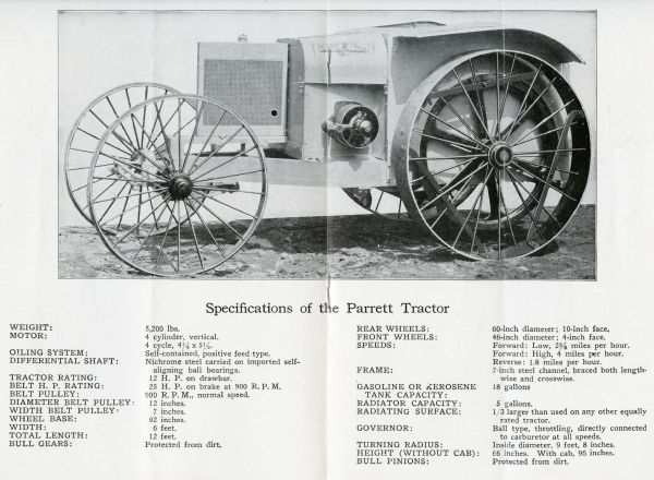 A photograph of a Parrett tractor as seen from the left side is accompanied by a listing of the machinery's specifications.