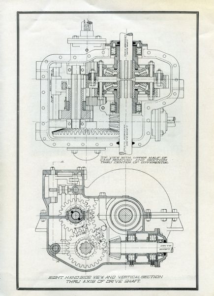 Two illustrations of the drive shaft to the Kardell "4-in-1" tractor. The drawing at top is labeled: "Top view with upper half of case removed and section thru center of differential" and the drawing below is labeled: "Right-hand side view and vertical section thru axis of drive shaft."