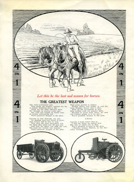 Wartime advertisement for Kardell tractors featuring an illustration of a farmer using a team of two horses to work in a field, along with the headline: "Let this be the last sad season for horses." A poem entitled: "The Great Weapon" stating "war's greatest weapon is the plow" follows the headline. Two photographs of the tractor are inset at bottom.