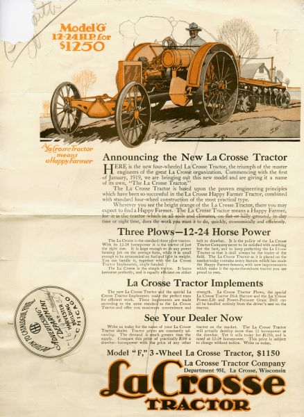 Advertisement for the 12-24 horsepower La Crosse Model G tractor. The advertisement features an illustration of a farmer using the tractor and a disc harrow in a field, accompanied by a caption reading: "A La Crosse Tractor Means a Happy Farmer."