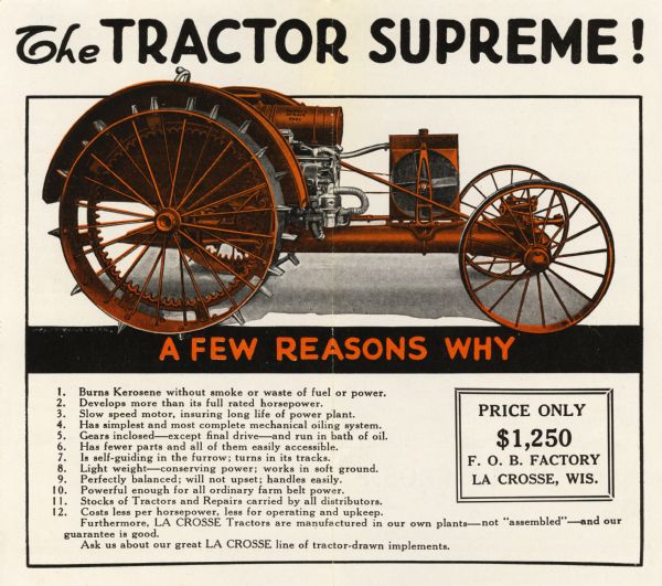 Advertisement for the La Crosse kerosene tractor featuring an illustration of the tractor as seen from the right side and the headline: "The Tractor Supreme!"
