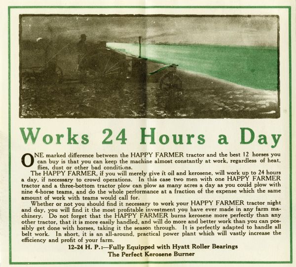 Advertisement for the La Crosse Happy Farmer kerosene tractor featuring an illustration of a farmer working in a field at night. The headline reads: "Works 24 Hours a Day."