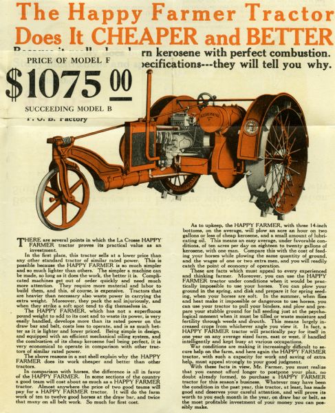 Advertisement for the La Crosse Happy Farmer Model F tractor featuring an illustration of the machine and text reading: "Price of Model F $1075.00 Succeeding Model B."