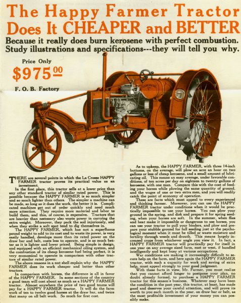 Advertisement for the La Crosse Happy Farmer Model F tractor featuring an illustration of the machine and text reading: "The Happy Farmer Tractor Does It Cheaper and Better Because it really does burn kerosene with perfect combustion. Study illustrations and specifications---they will tell you why. Price Only $975.00 F.O.B. Factory."