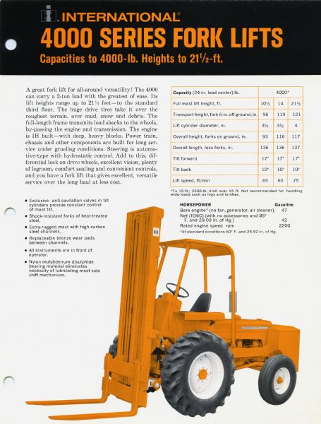 Advertisement for the International 4000 Series of fork lifts featuring an illustration of the forklift at bottom right, along with a paragraph of descriptive text and a listing of the machine's capacities.