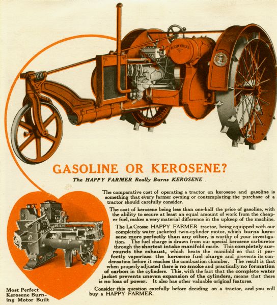 Advertisement for the La Crosse Happy Farmer kerosene-burning tractor featuring a color illustration of the tractor at top and an inset illustration of the motor at bottom left. The headline reads: "Gasoline or Kerosene? The HAPPY FARMER Really Burns KEROSENE."