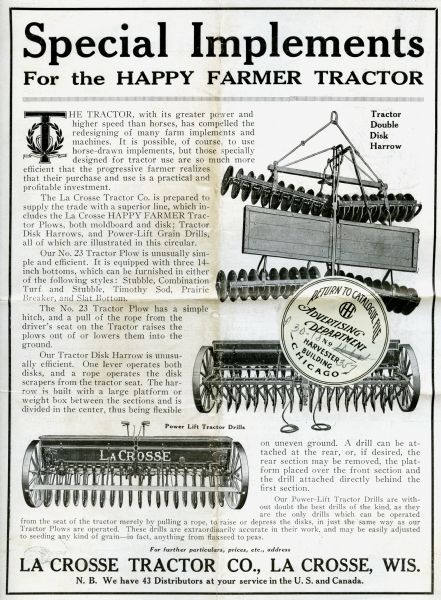 Advertisement for special implements for the La Crosse Model F Happy Farmer kerosene-burning tractor. Illustrations include a tractor double disk harrow at top right and power lift tractor drills below.