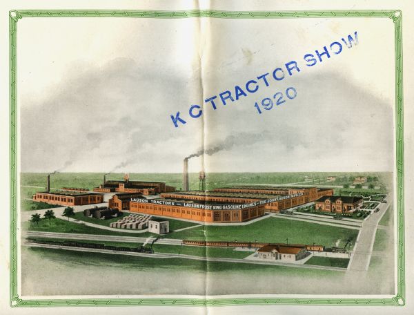 Elevated-view illustration of the John Lauson Manufacturing Company factory. The company made Lauson tractors and Lauson Frost King gasoline engines.