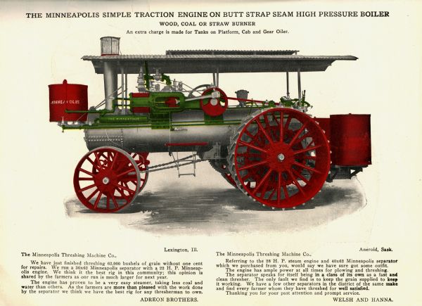 Color illustration of a "Minneapolis simple traction engine on butt strap seam high traction roller." The caption beneath the headline reads: "Wood, Coal or Straw Burner. An extra charge is made for Tanks on Platform, Cab and Gear Oiler."