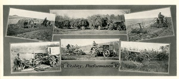 Advertisement for the Twin City 12-20 tractor featuring six photographs of the machine at work in farm fields along with the caption: "Utility, Performance."