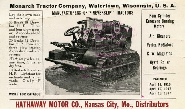 Advertisement for the Monarch Tractor Company, manufacturers of "Neverslip" crawler tractors.