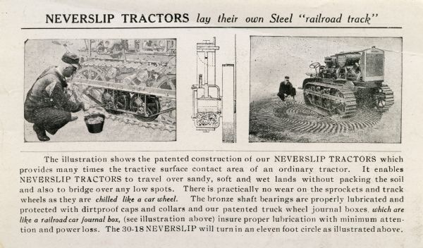 Advertisement for Neverslip tractors with a headline reading: "Neverslip Tractors lay their own Steel 'railroad track'." Two illustrations show men posing with the tractor and another depicts the wheel of the tractor.