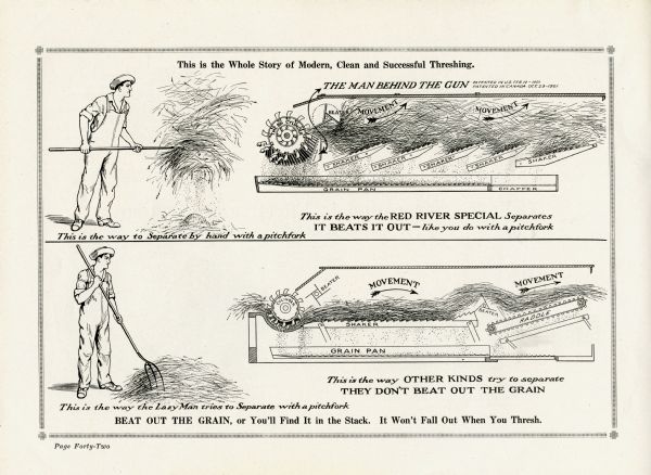 Illustration titled: "This is the Whole Story of Modern, Clean and Successful Threshing." The top section reads: "This is the way to Separate by hand with a pitchfork" and the bottom section reads, "This is the way the Lazy Man tries to Separate with a pitchfork." The text at bottom reads: "Beat Out the Grain, or You'll Find It in the Stack. It Won't Fall Out When You Thresh."