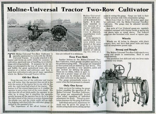 Interior pages of a pamphlet advertising the Moline-Universal tractor two-row cultivator. Features a photograph of a farmer using the cultivator in a field at top left and an illustration of the device at bottom right.