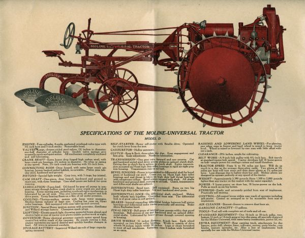 Advertisement for the Moline-Universal Model D tractor featuring a color illustration of the machine and a listing of its specifications.