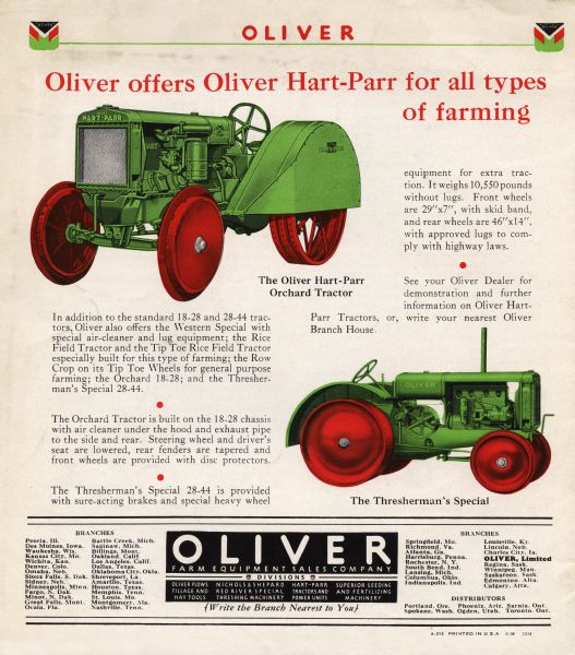 Advertisement for the Oliver Hart-Parr orchard tractor (pictured at top left) and the thresherman's special. The slogan at the top of the page reads: "Oliver offers Oliver Hart-Parr for all types of farming." Includes color illustrations of the tractor.