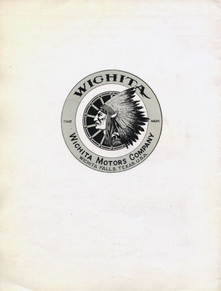 Back cover of a Spanish-language booklet advertising Wichita tractors. The back cover features an illustration of a Native American profile, the Wichita Motors Company trademark, and text reading: "Wichita Motors Company. Wichita Falls, Texas, USA."