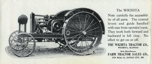 Advertisement for the Wichita tractor featuring a side view photograph of the machine and text reading: "The Wichita. Note carefully the accessibility of all parts. The control levers and guide handled with ease from operator's seat. They work both forward and backward in full view. No effort to get on or off."