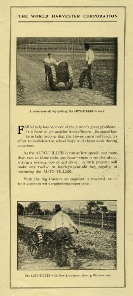Internal page of a pamphlet advertising the World Harvester Corporation auto-tiller. The photograph at top depicts "a seven-year-old boy guiding the AUTO-TILLER to work" and the photograph below shows "the AUTO-TILLER with Plow Attachment plowing 10-inches deep."