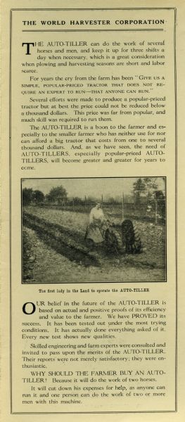 Advertisement for the World Harvester Corporation's auto-tiller featuring a photograph of a woman using the machine in a field. The caption reads: "The first lady in the Land to operate the AUTO-TILLER."