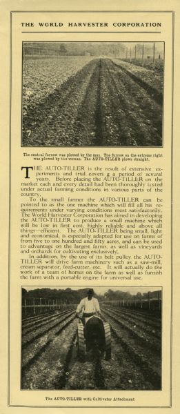 Advertisement for the World Harvester Corporation's auto-tiller, featuring two photographs of the machine's work in the field. The caption at top reads: "The central furrow was plowed by the man. The furrow on the extreme right was plowed by the woman. The AUTO-TILLER plows straight." The caption at bottom reads: "The AUTO-TILLER with Cultivator Attachment."