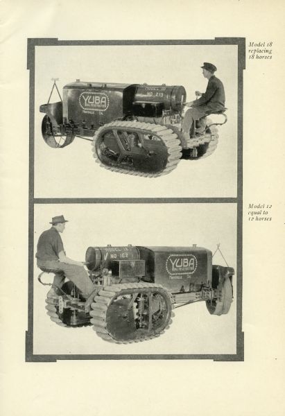 Advertisement featuring two photographs of a man sitting on a Yuba ball tread tractor. The top photograph is captioned: "Model 18 replacing 18 horses," and the bottom caption reads: "Model 12 equal to 12 horses."