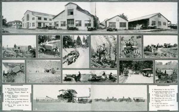 Two-page advertisement featuring a collage of photographs depicting the Yuba ball tread tractor at work in farm fields. A photograph of the Yuba Construction Company's Marysville factory is at top.