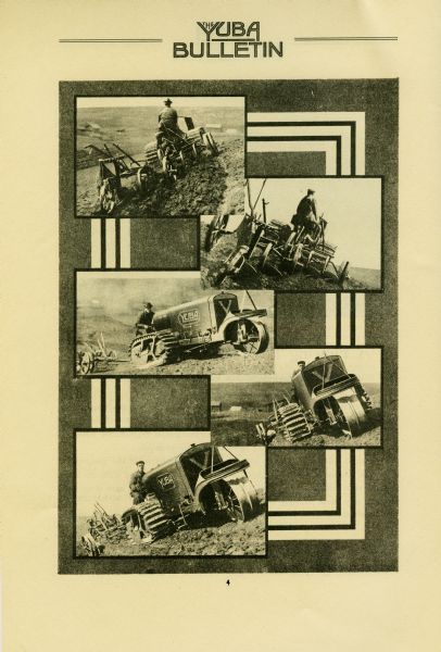 Photographic collage of men using Yuba tractors and implements at work in farm fields, set against a background with a decorative border. The text at top center reads: "Yuba Bulletin."