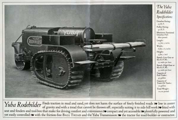 Advertisement for the Yuba Rodebilder featuring a side view photograph and a listing of the machinery's specifications at right and a paragraph of descriptive text below.