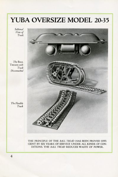 First page of a two-page spread advertising the Yuba oversize model 20-35 featuring illustrations of the track (sectional view, at top), the ball treads with track disconnected, and the flexible track. The text beneath the illustration reads: "The principle of the ball tread has been proved efficient by six years of service under all kinds of conditions. The ball tread reduces waste of power."