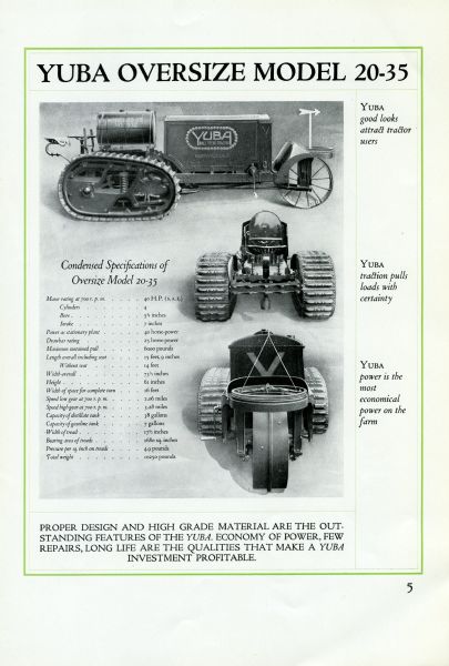 Second page of a two-page spread advertising the Yuba oversize model 20-35. The page features illustrations of the equipment from the side, back, and front, along with captions reading "Yuba good looks attract tractor users," "Yuba traction pulls loads with certainty," and "Yuba power is the most economical power on the farm."
