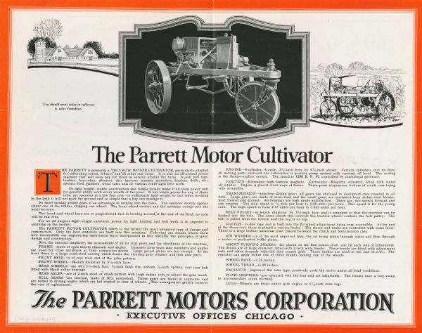 Advertisement for the Parrett motor cultivator, featuring an illustration of the machine at center flanked by illustrations of a farmstead, and a man using the cultivator in a field.
