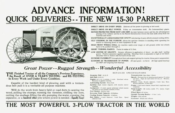 Advertisement for the 15-30 Parrett tractor, featuring a side view illustration of the machine and text reading: "Advance Information! Quick Deliveries — The New 15-30 Parrett. Great Power--Rugged Strength--Wonderful Accessibility. The Most Powerful 3-Plow Tractor in the World."