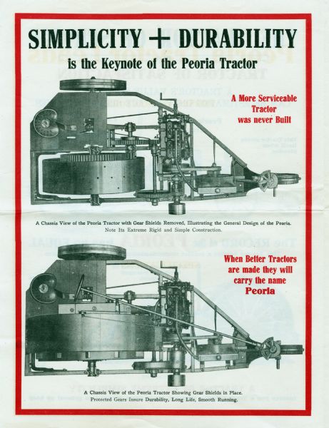 Full-page advertisement for Peoria tractors, titled: "Simplicity + Durability." The page features two overhead illustrations of a chassis; the top image shows gear shields removed, and the bottom image shows gear shields in place. The top headline reads: "A More Serviceable Tractor was never Built." The bottom headline reads: "When Better Tractors are made they will carry the name Peoria."