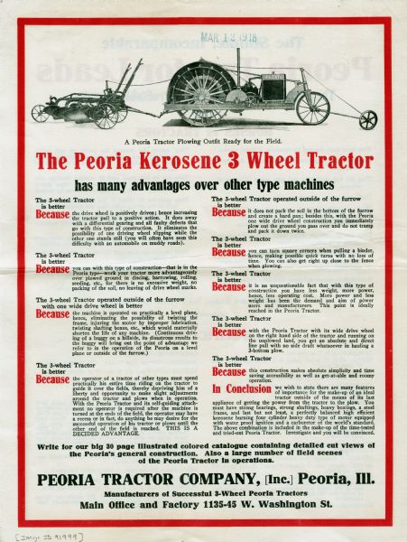 Advertisement for the Peoria kerosene 3-wheel tractor featuring an illustration of the machinery at top with a caption reading: "A Peoria Tractor Plowing Outfit Ready for the Field."