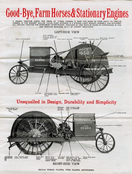 Advertisement for the Peoria tractor featuring views of either side of the machinery, along with headlines reading: "Good-Bye, Farm Horses & Stationary Engines" and "Unequalled in Design, Durability and Simplicity."