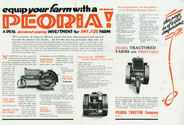 Advertisement for the Peoria tractor with a headline reading: "Equip Your Farm With a Peoria! A Real Dividend-Paying Investment for Any Size Farm." The advertisement features a side, rear, and front view of the tractor.