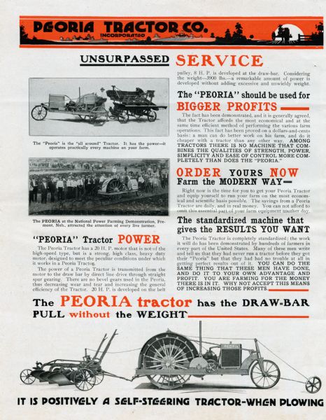 Advertisement for the Peoria self-steering tractor featuring two studio photographs of the equipment and a photograph of the Peoria surrounded by farmers at the National Power Farming Demonstration.