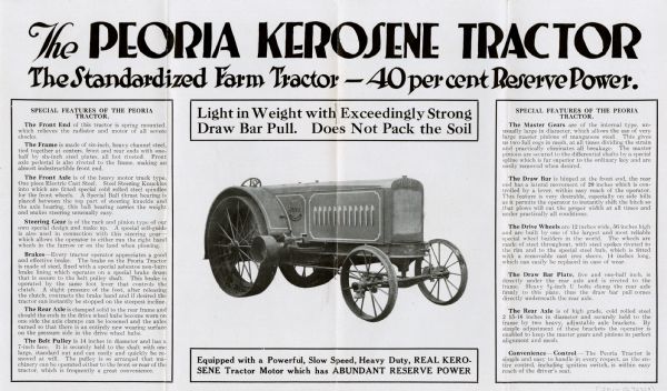 Advertisement for the Peoria kerosene tractor, the "standardized" farm tractor with 40% reserve power. The advertisement features a photograph of the tractor along with text reading: "Light in Weight with Exceedingly Strong Draw Bar Pull. Does Not Pack the Soil. Equipped with a Powerful, Slow Speed, Heavy Duty, REAL KEROSENE Tractor Motor which has ABUNDANT RESERVE POWER."