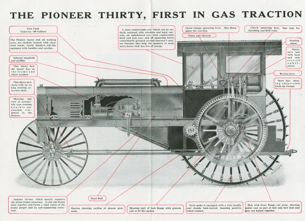 Advertisement for the Pioneer 30 tractor featuring an illustration of the machine from the left side with parts labeled.